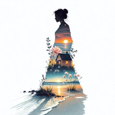 The primary subject of the image is a woman, who is the main focus of the scene. She is depicted in a painting or drawing, which gives the image a visual style of art. The setting or background features a beach, with a sunset in the distance, creating a serene and peaceful atmosphere. The colors in the image are predominantly warm and natural, such as the hues of the sunset and the beach environment.